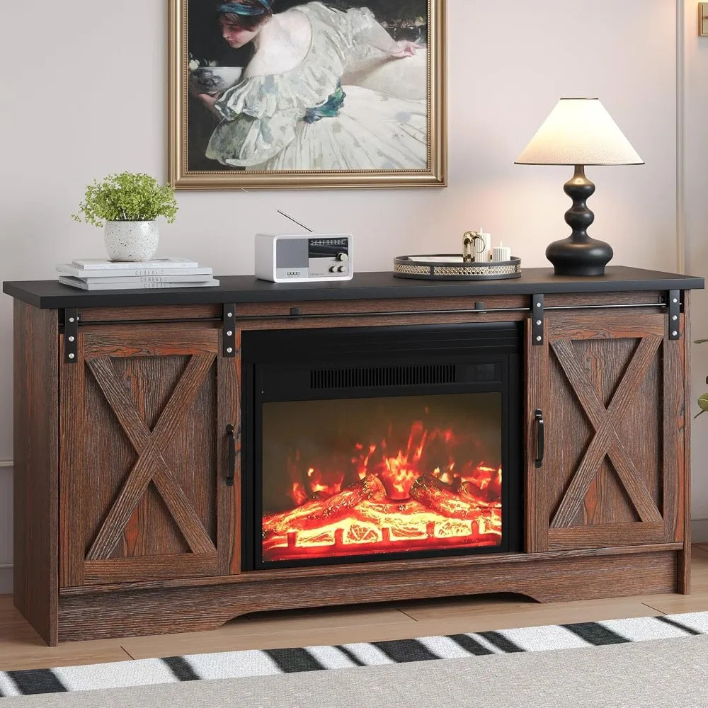 Fireplace TV Stand with Fireplace, Sliding Barn Door, Adjustable Storage Cabinets, Farmhouse Entertainment Center