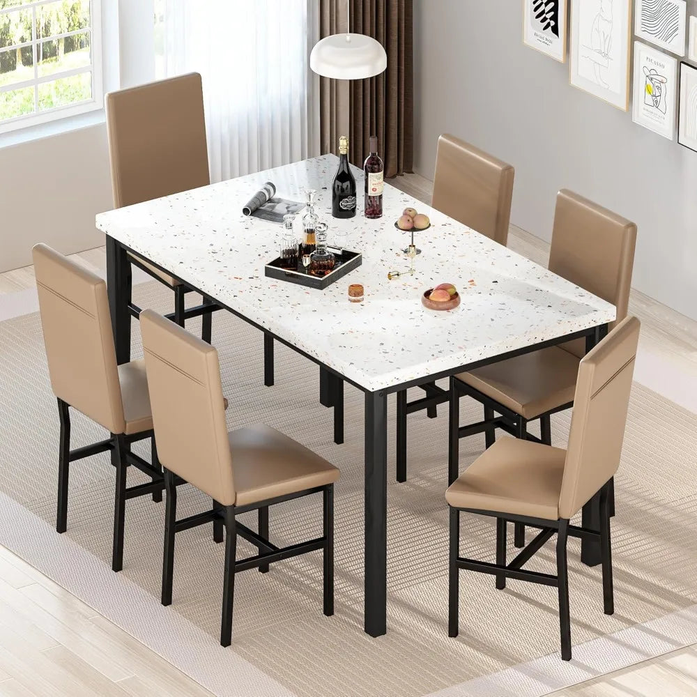7-Piece Faux Marble Dining Table Set for 6 – Dining Room Table with 6 PU Leather Chairs