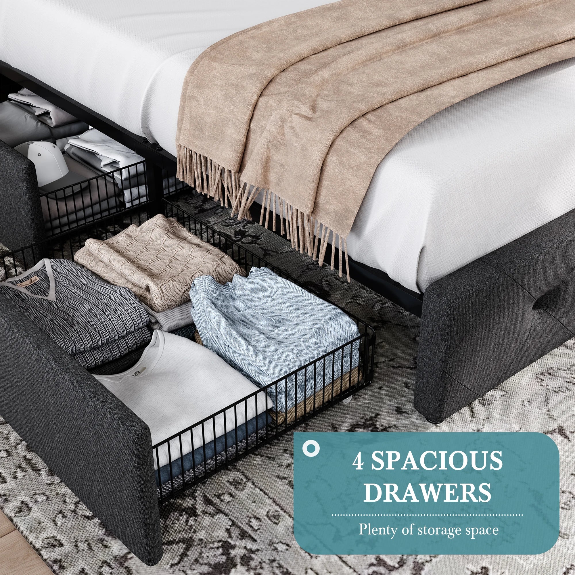 Upholstered Platform Bed Frame with 4 Storage Drawers – Wingback Button-Tufted Headboard