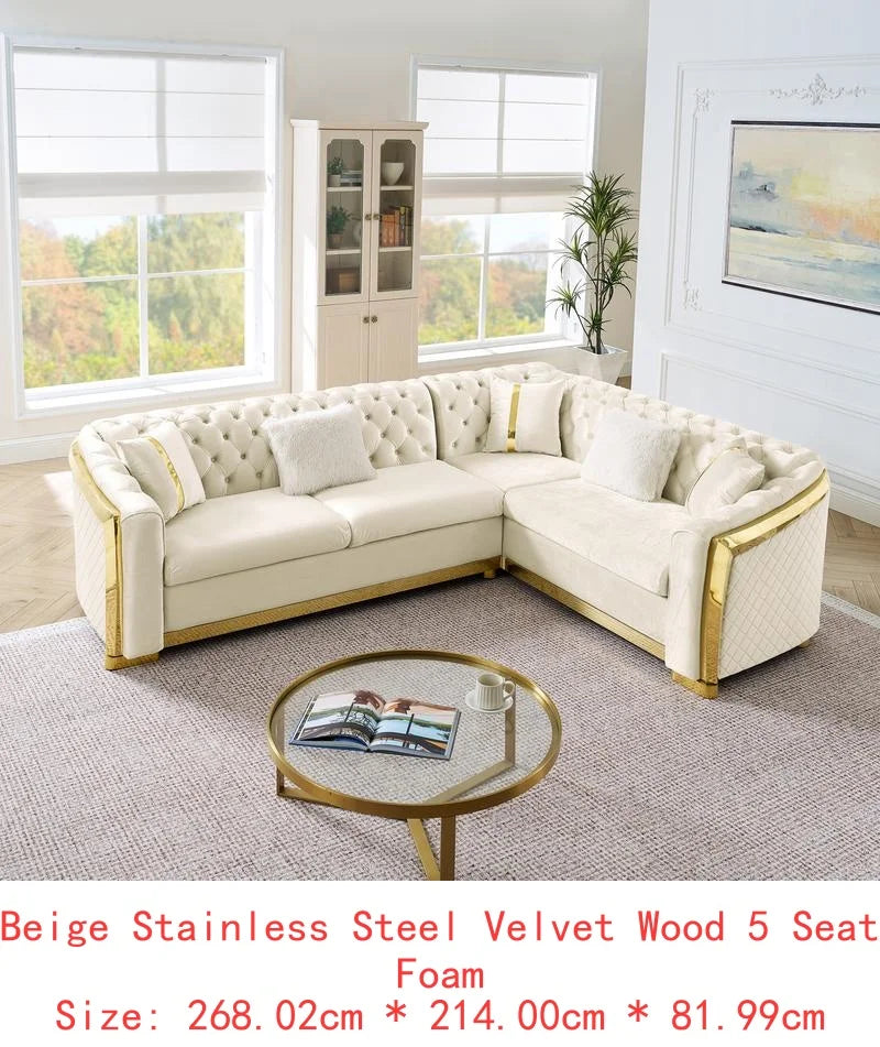 L-Shaped Sectional Sofa Set – 106″ Velvet with Gold Accents