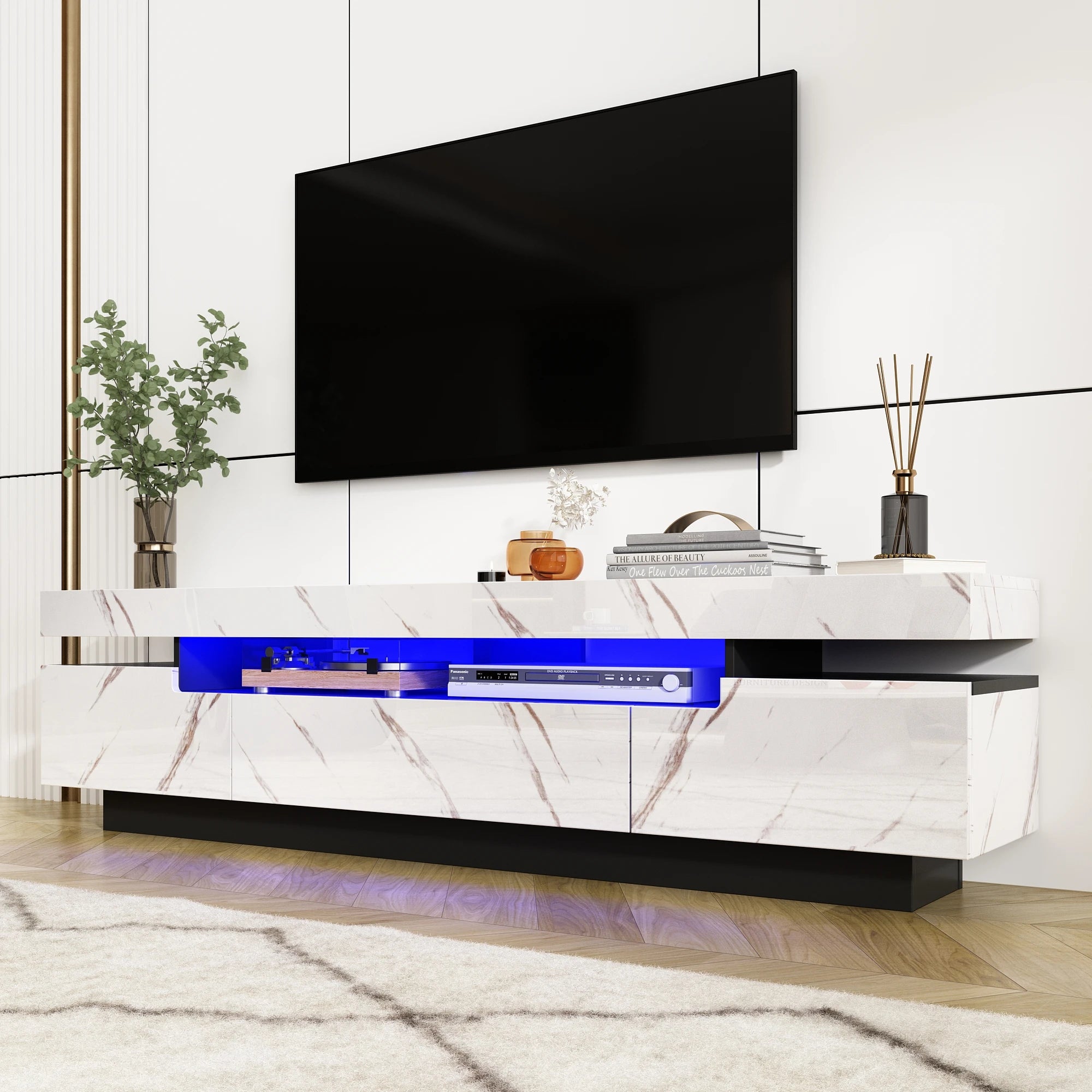71In LED TV Stand for 75/80 Inch TV, Modern Gaming TV Cabinet for Living Room, High Gloss Entertainment Center with Storage
