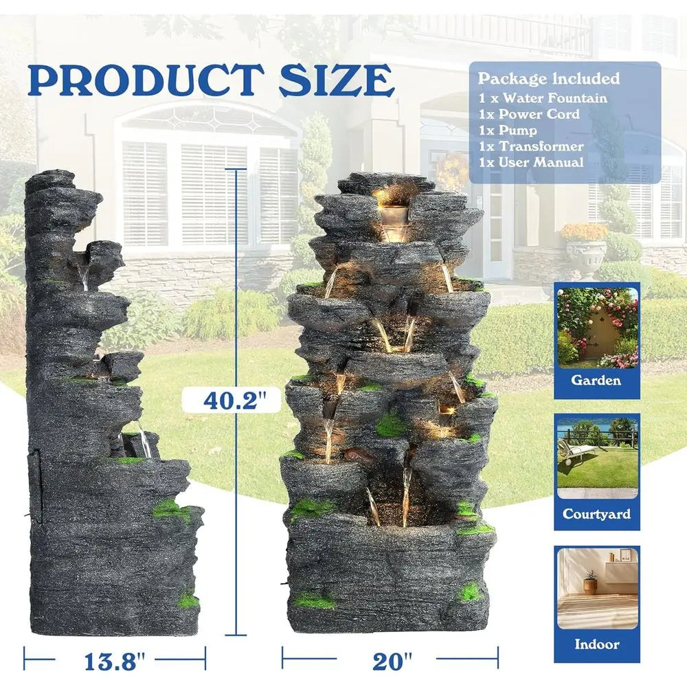 40''H Outdoor Water Fountain - Garden Rock Waterfall Fountains, Outdoor/Indoor Floor Standing Resin Water Fountain with 10 LED L