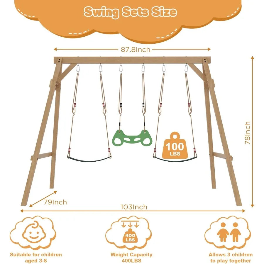All-Spruce Wooden Swing Set – Backyard Playground with 2 Belt Swings & Trapeze
