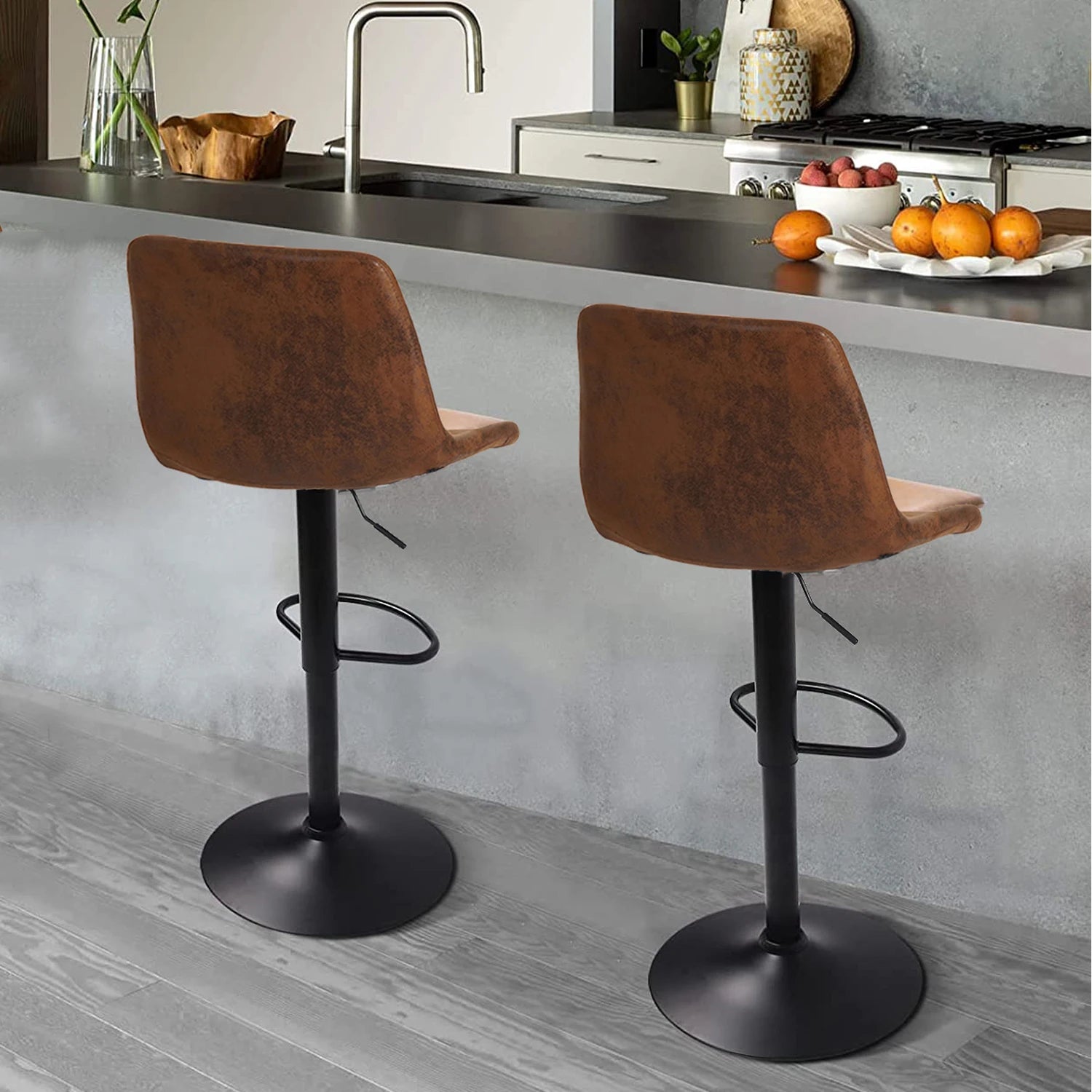 Industrial Vintage Adjustable Bar Stools – Set of 2 Pipe-Style Leather Bar Chairs