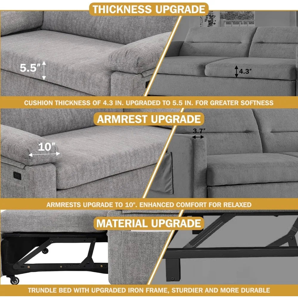 3 in 1 Convertible Sleeper Sofa Bed, Pull Out Couch Bed with USB Ports, Reclining Backrest, Side Pockets, Tool-Free Assembly