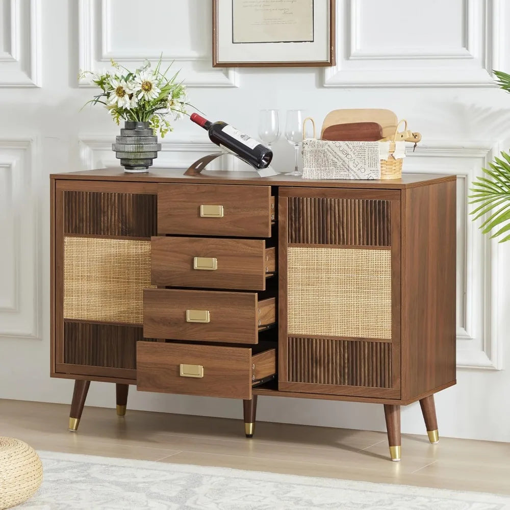 Sideboard Buffet Cabinet with Storage, 47" Rattan Kitchen Storage Cabinet with 2 Slide Doors and 4 Drawers, Accent Cabinets with