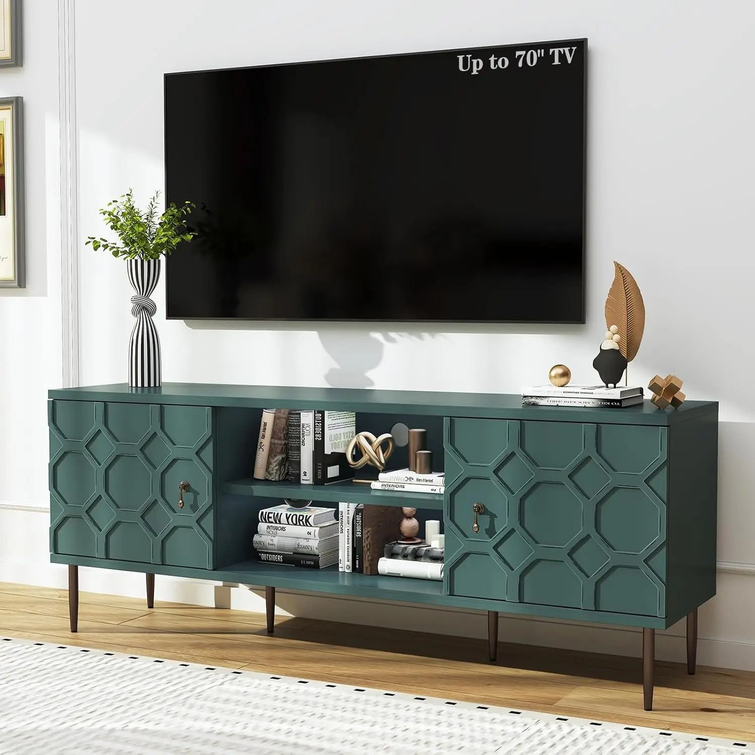 Modern TV Stand for 65/70inch TV, Entertainment Center with Storage Cabinet and Open Shelves, Embossed Pattern TV Stand, TV and