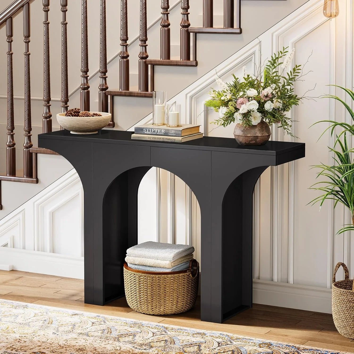 47-Inch Modern Black Console Table for Entryway, Narrow Sofa Table with Arched Design, Foyer Accent Table for Hallway