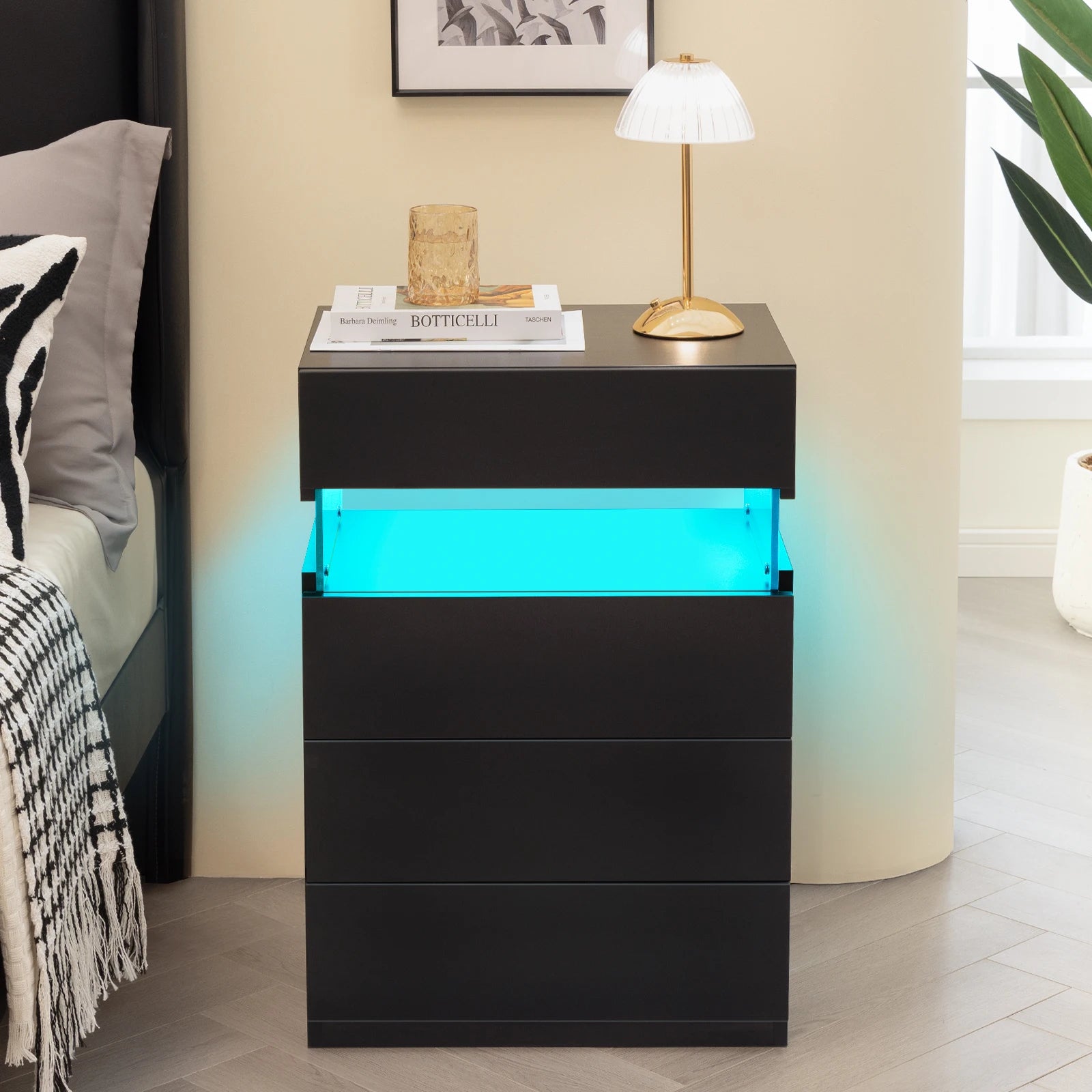 Cubehom LED Nightstand,Modern Night Stand with 4 Drawers,Large Capacity,Multi-Color LED Lights,End Side Table for Bedroom