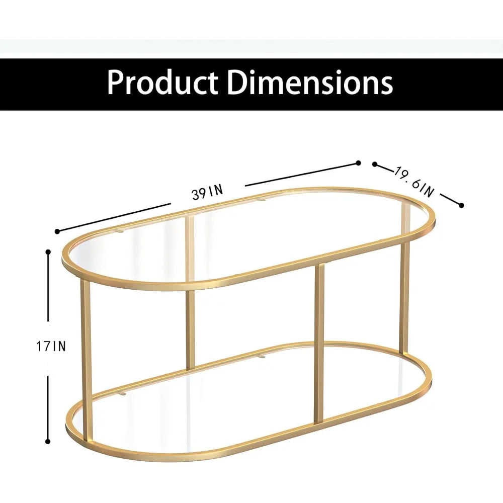 Gold Glass Coffee Table – Oval 2-Tier Center Table with Sturdy Metal Frame