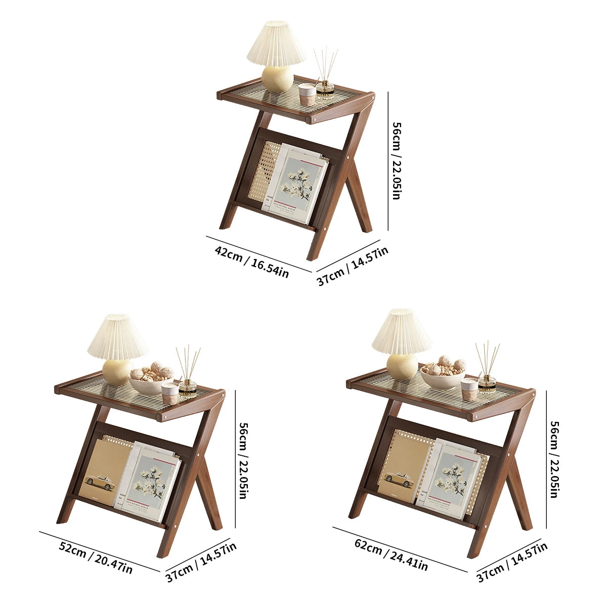 Compact Acrylic-Top Rattan Nightstand Bamboo Storage Shelves Boho Bedroom/Living Room Coffee Table Set
