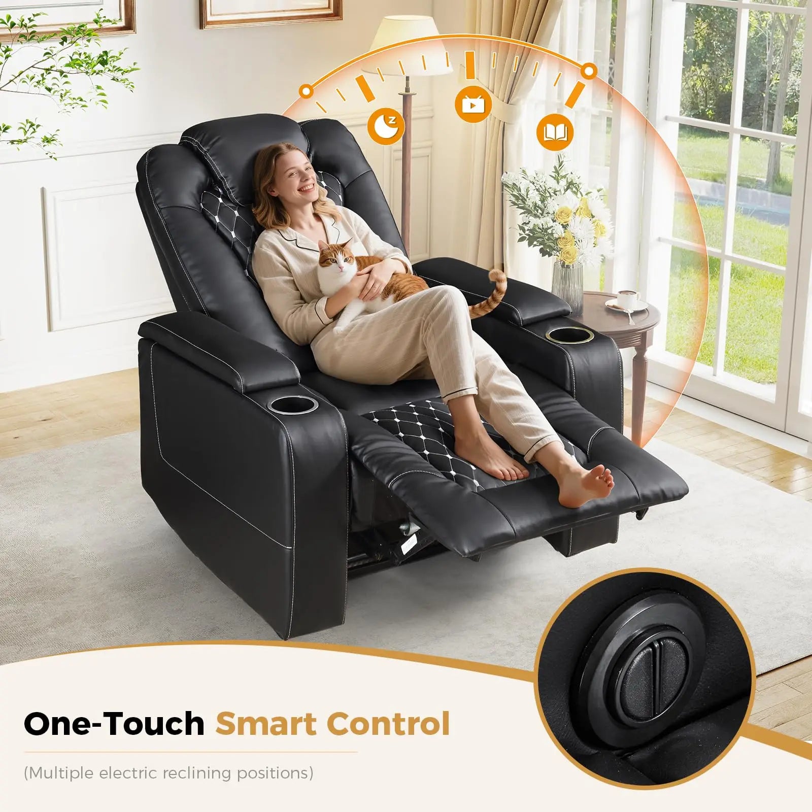 Electric Power Recliner Chair with USB Ports and Cup Holders, Breathable Leather Home Theater Seating with Hidden Arm Storage