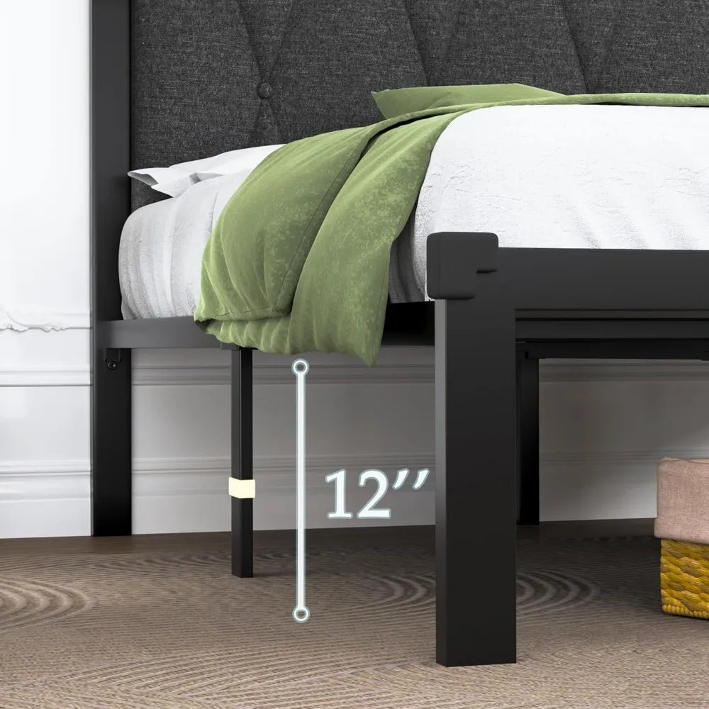 Twin Size Metal Platform Bed Frame with Fabric Headboard – 12″ Underbed Storage (Dark Grey)