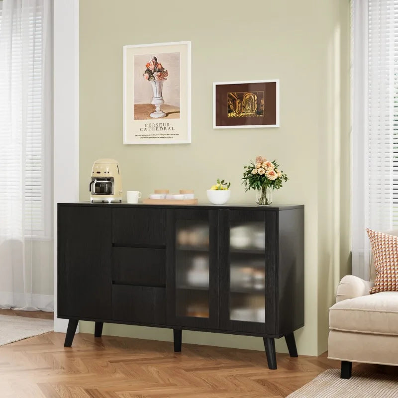 Black Sideboard Buffet Cabinet with Storage Drawers and Glass Door Modern Kitchen Dining Room Furniture Living Room Organizer