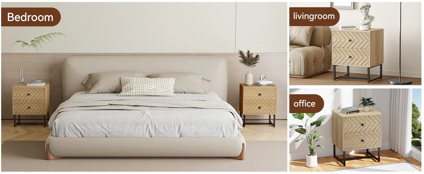 Modern Nightstand with 2 Drawers, Wood Night Stand with Metal Legs, Boho Bedside Table, Accent End Table for Bedroom