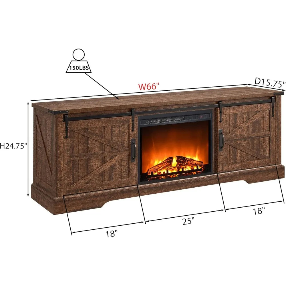 Fireplace TV Stand for 70 75 Inch TV, 66 Inch Farmhouse Entertainment Center with 23" Electric Fireplace, Remote Control, Large