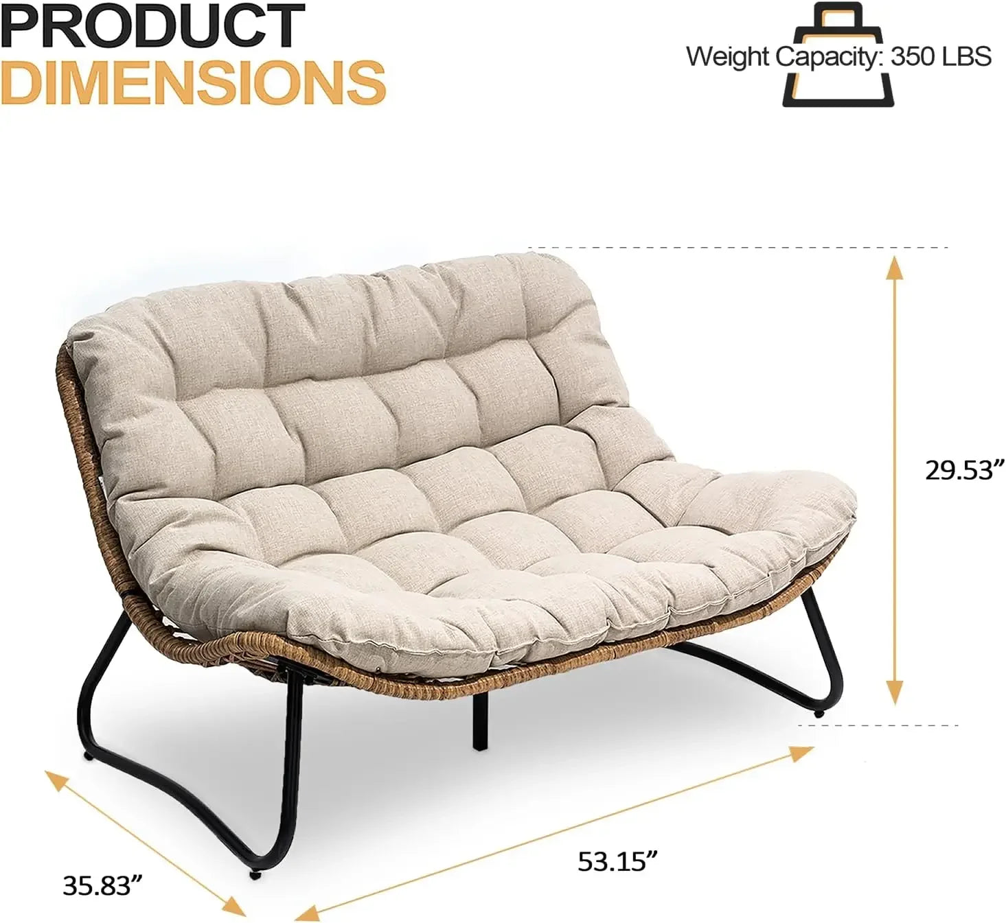 Outdoor Loveseat, 2 Seater Outdoor Couch with Soft Cushion, All-Weather Boho Rattan Patio Furniture for Balcony