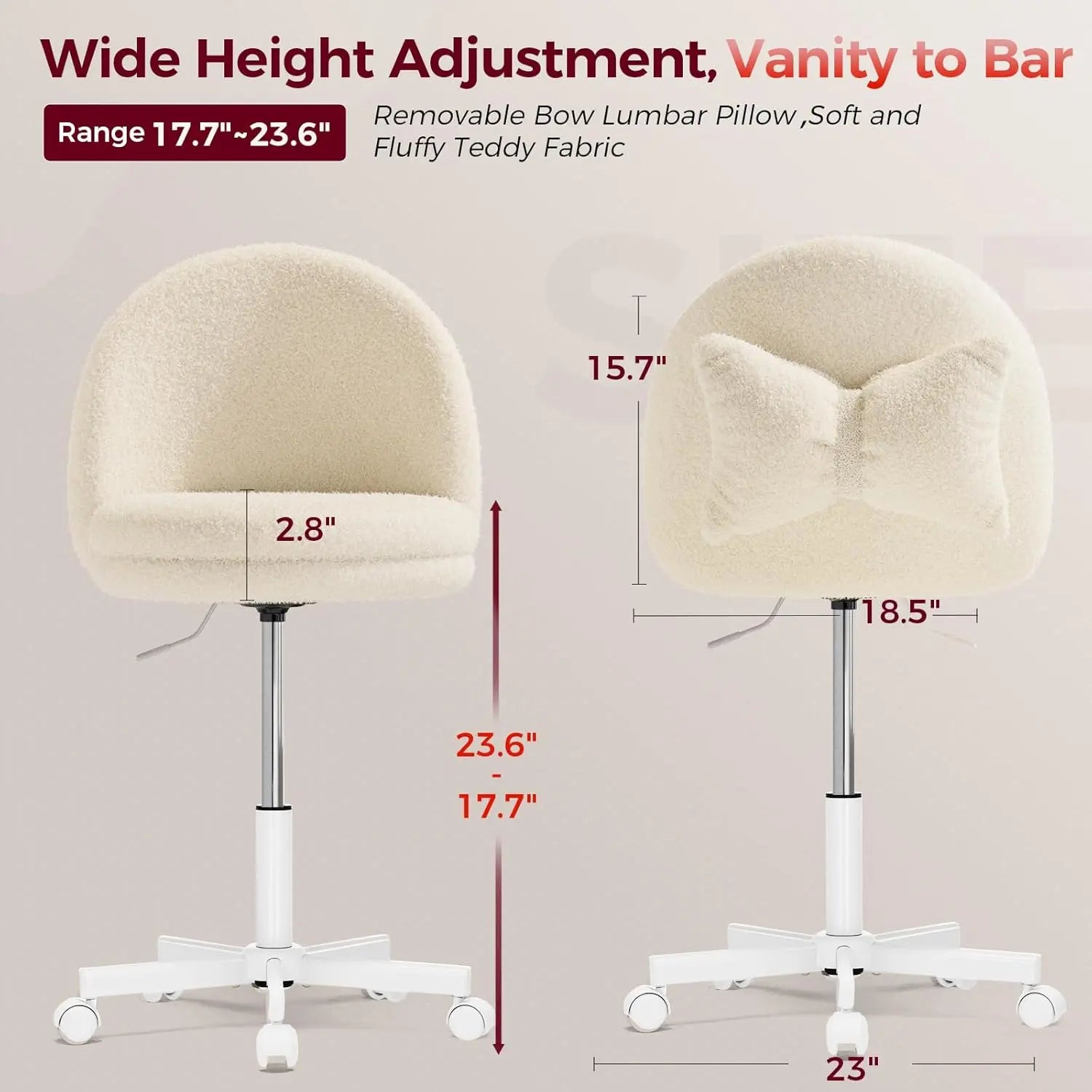 Teddy Velvet Adjustable Height Vanity Chair for Girls, Cute Armless Makeup Desk Stool with Storage