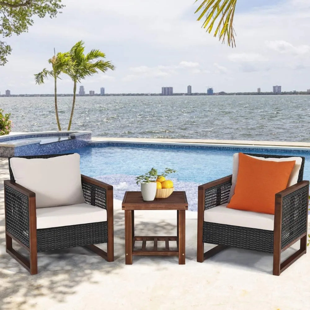 3 Pieces Patio Wicker Furniture Set, Rattan Outdoor Sofa Set w/Washable Cushion & Acacia Wood Coffee Table, Conversation Bistro