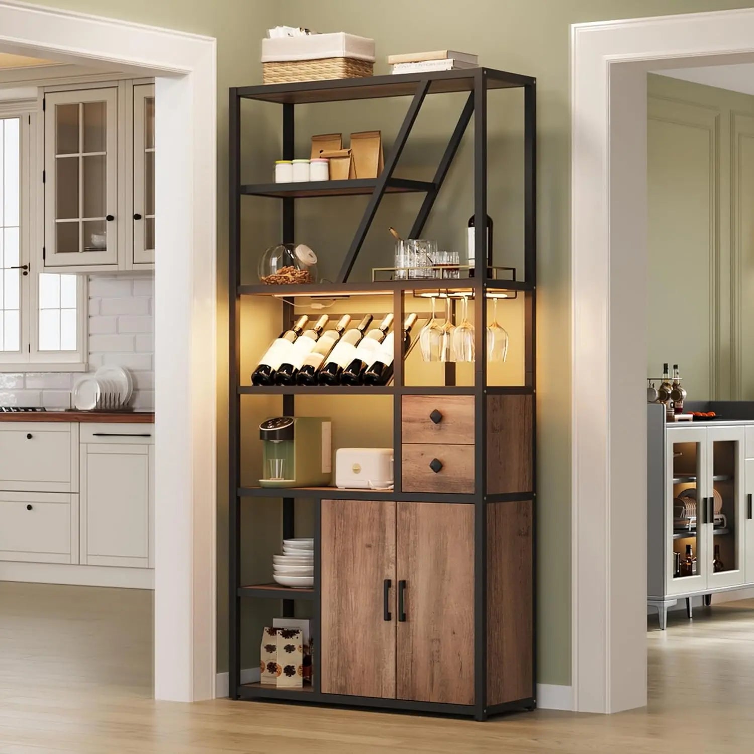 Freestanding Bar Cabinet – Wine Rack Liquor Stand with Glass Holder & LED Lights