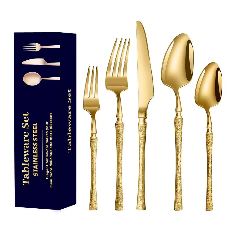 30pcs Hammer Pattern Small Waist Stainless Steel Steak Knife Fork and Spoon Creative Western Style Fork and Spoon Tableware Set