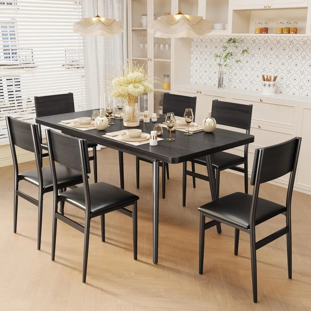 7-Piece Extendable Dining Table Set with 6 Padded Chairs, 63" Dining Table Set for 4-6, Kitchen Table Set with MDF Board & Meta