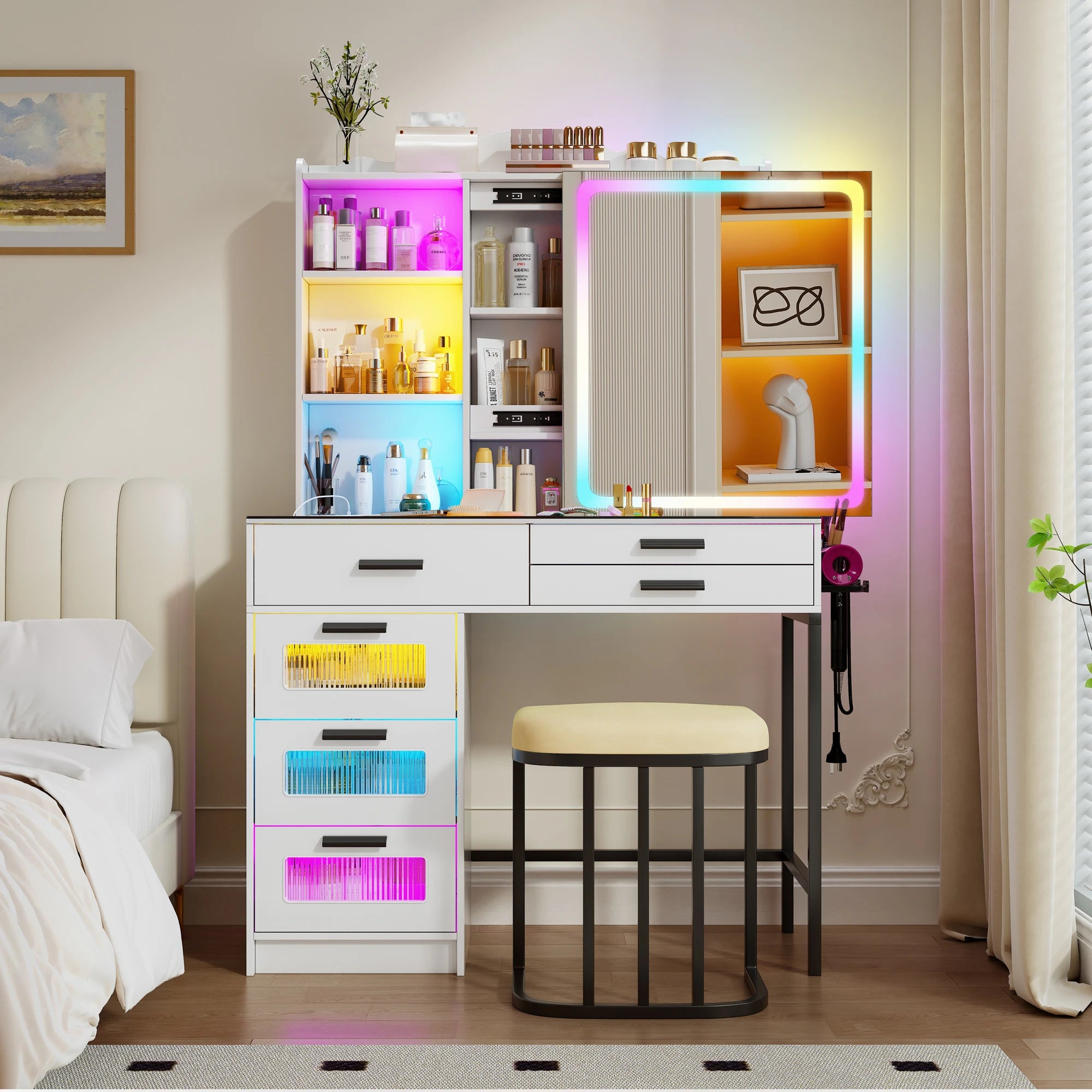 JDPAG RGB Vanity Desk with Sliding Mirror and Lights, LED Makeup Vanity with Charging Station, Glass Top Vanitys Dressing Table