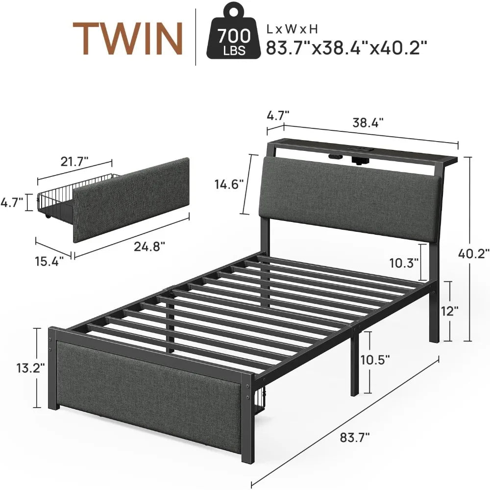 Upholstered Twin Size Bed Frame with Ergonomic Storage Headboard, LED Light & Charging Station
