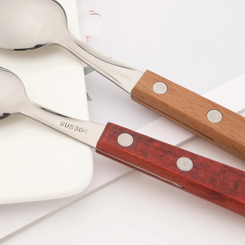 6/24Pcs 304 Stainless Stee Cutlery Set Luxury Wooden Handle Dinnerware Flatware Set Kitchen Western Knife Spoon Fork Tableware