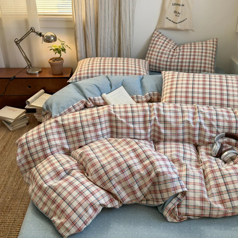Cotton Plaid Duvet Cover Set – Soft & Breathable Bedding (2 Pillowcases)
