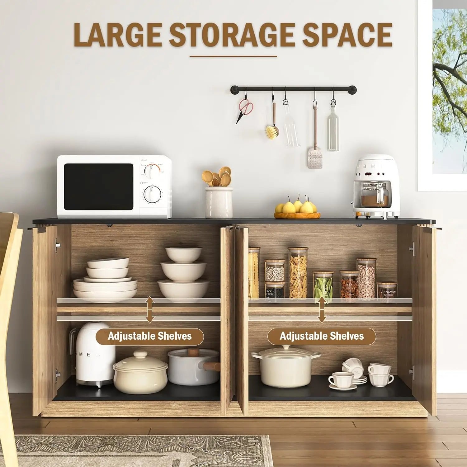 Sideboard Buffet Cabinet with Storage,59'' Walnut Fluted Kitchen Storage Buffet Cabinet with 4 Doors,TV Stand Accent Sideboard