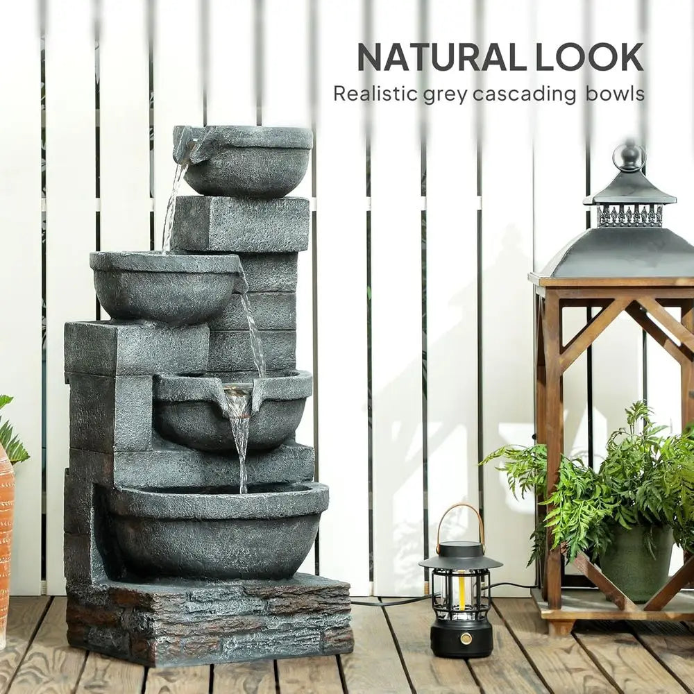 Gray 4-Tier Resin Outdoor Waterfall Fountain with LED Lights, 30 Tall, Cascading Bowls, Pump Included