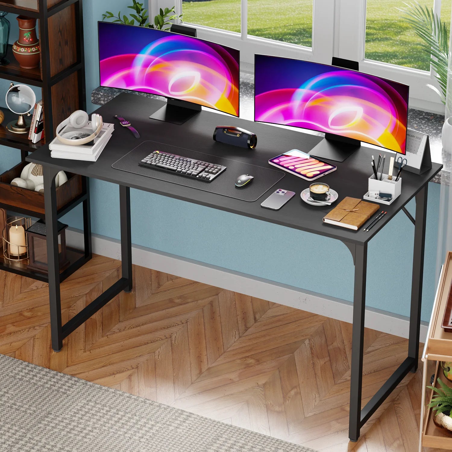 47 Inch Computer Desk Home Office Study Gaming Writing Square Table Modern Simple Style Compact with Metal Frame Easy Assembly