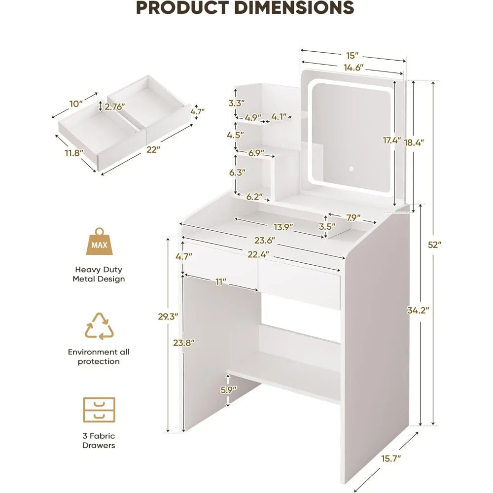 Vanity Desk with LED Mirror, Small Makeup Vanity with Open Shelves, Dressing Table for Bedroom, White