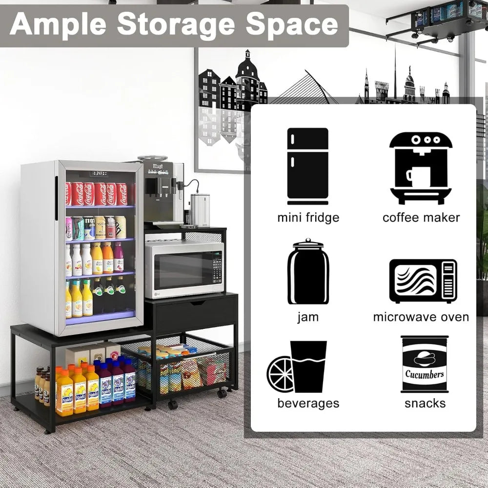 Puncia Mini Fridge Stand with Storage – Coffee Bar Cabinet with Power Outlet & Drawer