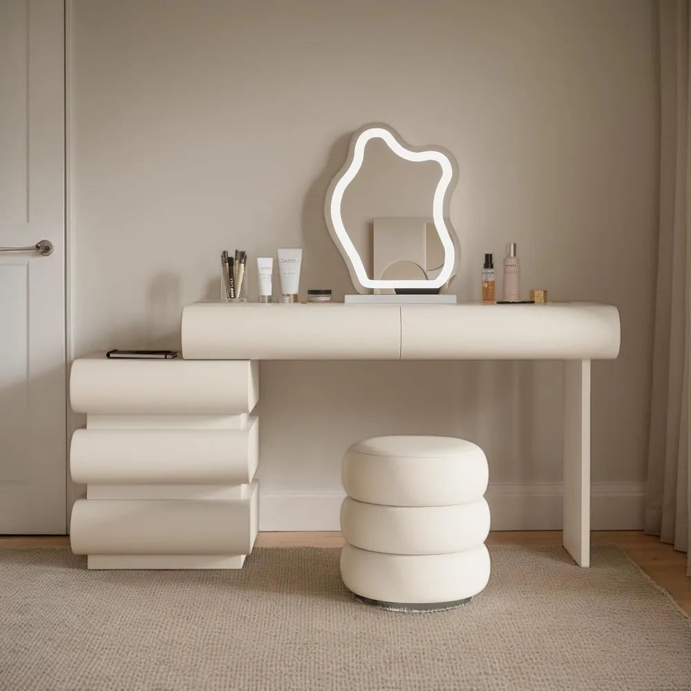 Makeup Vanity Desk with Mirror and Lights, Luxury Vanity Set with Side Cabinet, Microfibre Leather Wrapped Dressing  Table