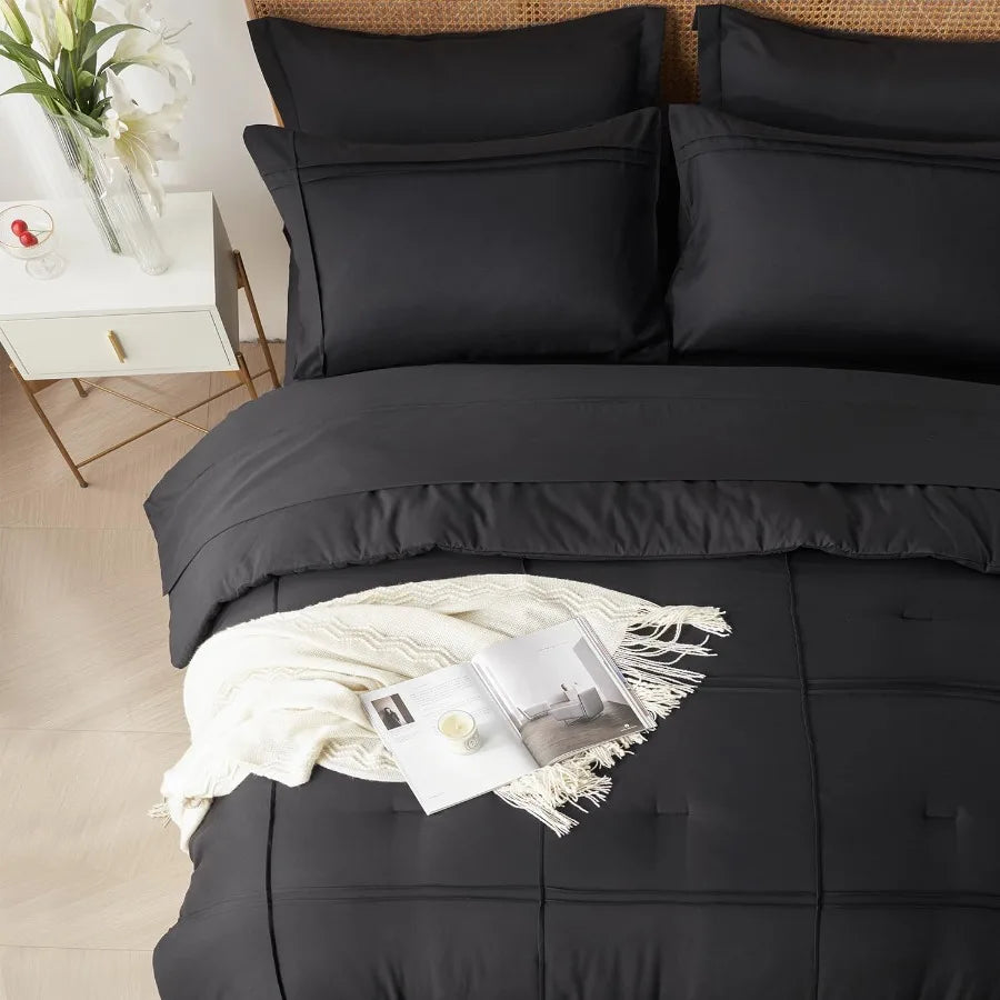 King Size Bed in a Bag 7 Piece Comforter Set with Striped Textured Soft Black Microfiber Comforter and Sheet Set All Season