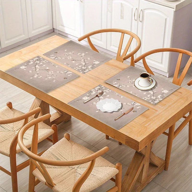1PC Cherry Blossom Table Mats Vibrant Pink Sakura Branches With Birds Design, Durable Linen Woven Material, Perfect