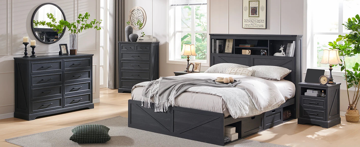 King Size Farmhouse Wood Bed Frame with Storage Bookcase Headboard, LED Light & Charging Station (Black)