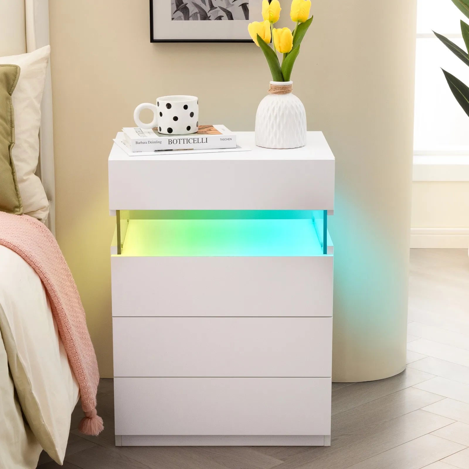 Cubehom LED Nightstand,Modern Night Stand with 4 Drawers,Large Capacity,Multi-Color LED Lights,End Side Table for Bedroom