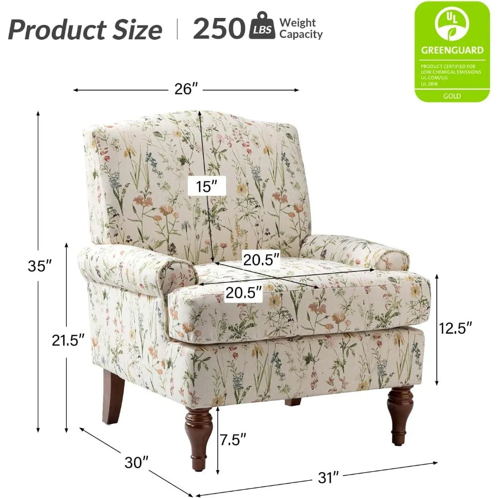 Floral Upholstered Accent Chair – Armchair with Solid Legs & Removable Cushion