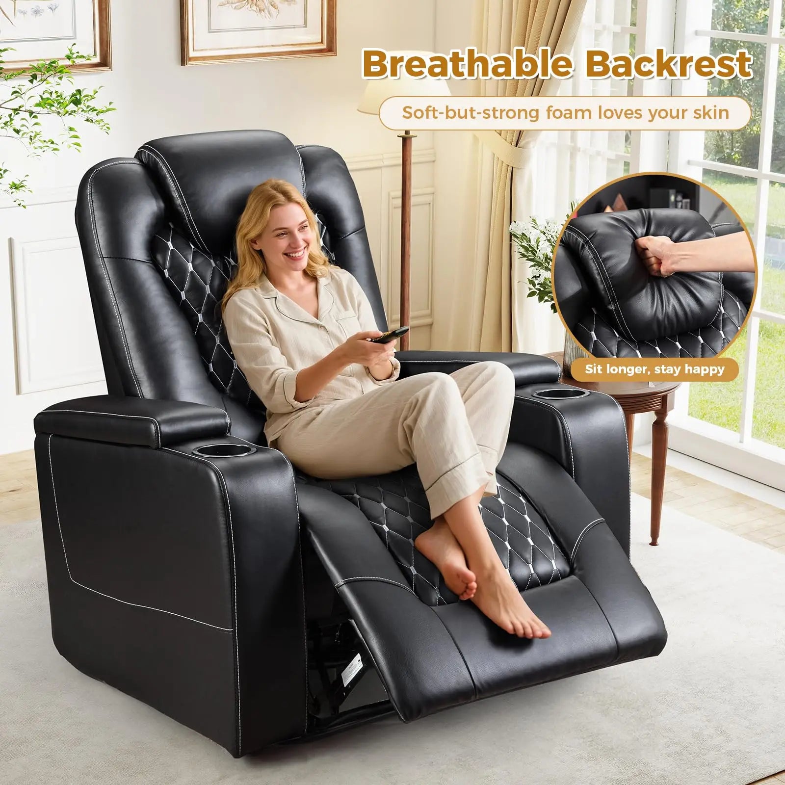 Electric Power Recliner Chair with USB Ports and Cup Holders, Breathable Leather Home Theater Seating with Hidden Arm Storage