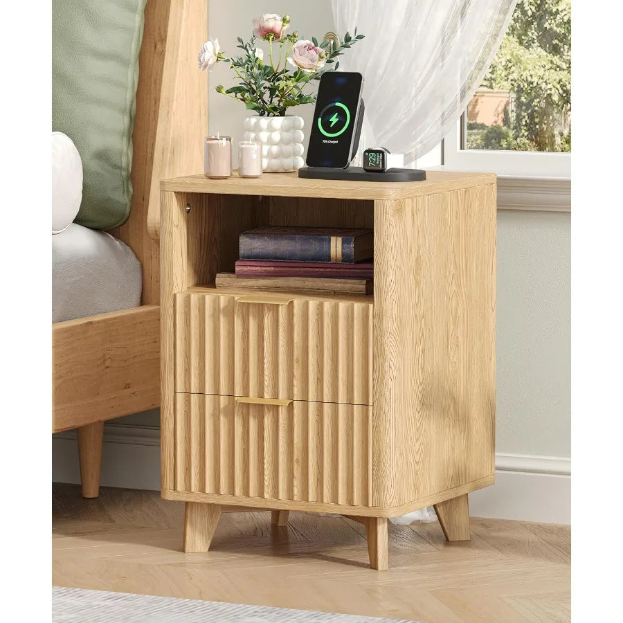 Fluted Nightstand with Charging Station 13.8" D x 15" W x 22.8" H Modern End Table with LED Light Wooden Bedside Table for Bedr