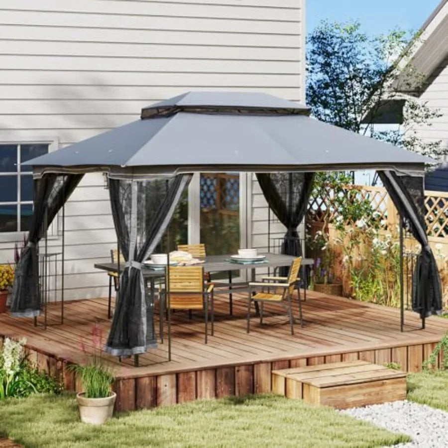 Outdoor Patio Gazebo 10'x13' Heavy Duty Canopy Tent with Metal Corner Frame Shelves Soft Double Roofs Party Tent Shelter with M