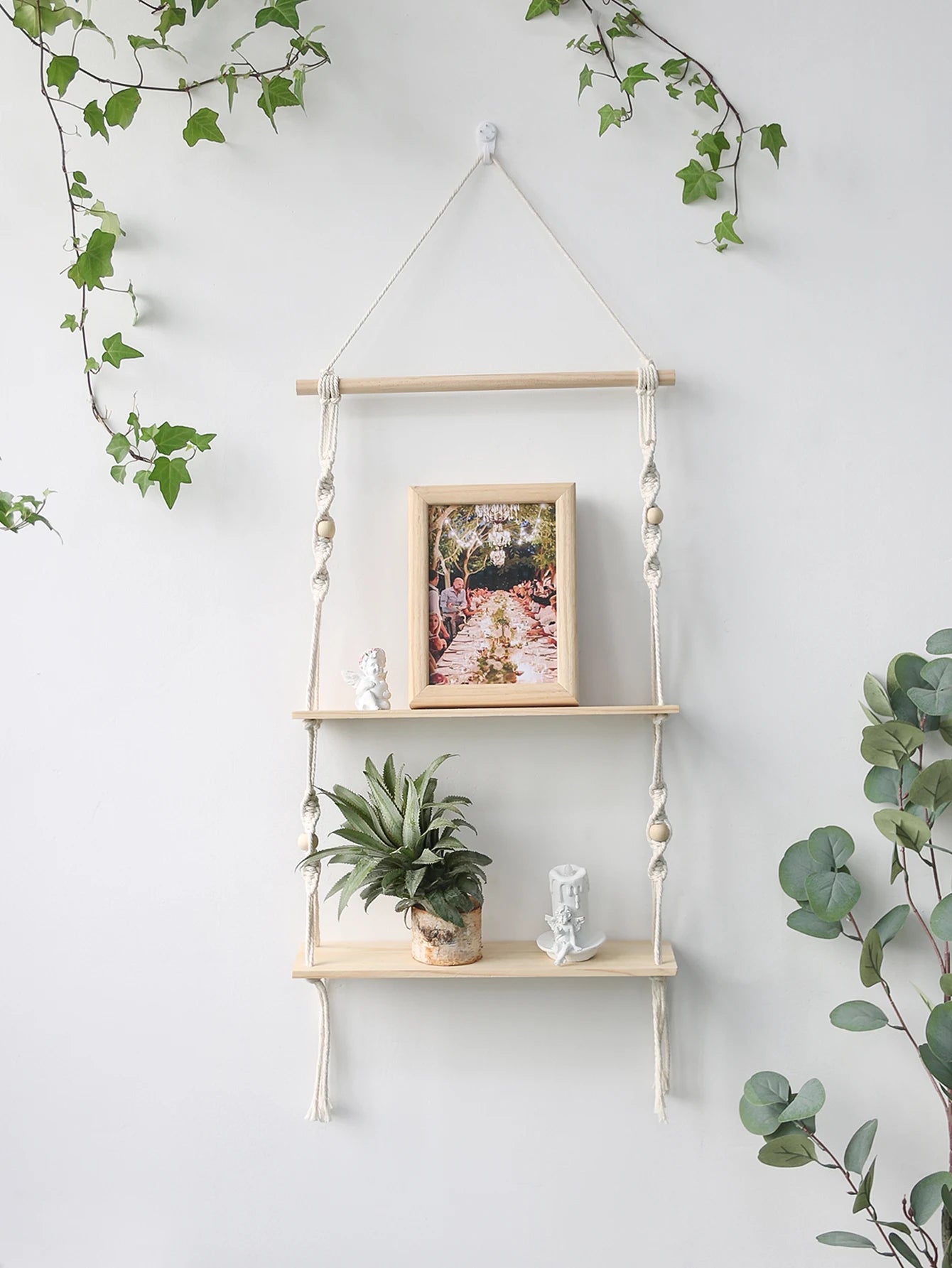 Wooden Wall Shelf Macrame Display Stand Boho Art Home Decoration Floating Shelf Nordic Wall Decor Living Room Nursery Aesthetics