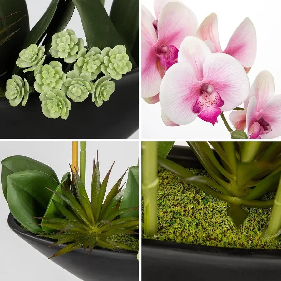 17inch Pink Orchid Fake Flowers with Black Pot Artificial Silk Orchid Arrangement for Home Office Bathroom Table Centerpiece Mo