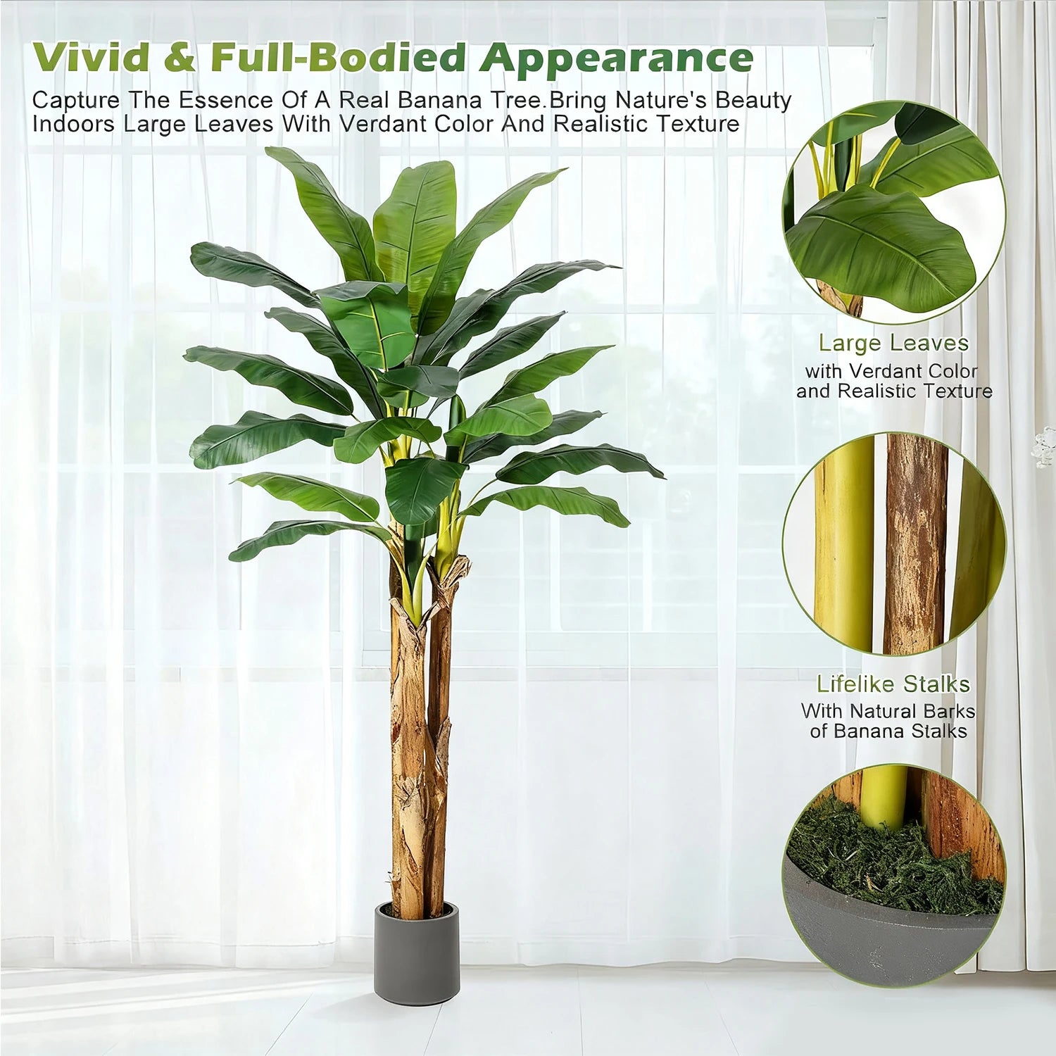 Artificial Banana Tree 7FT/6FT/5FT, Faux Banana Tree with Grey Planter, Artificial Plants with Fake Banana Leaves Plant for Home