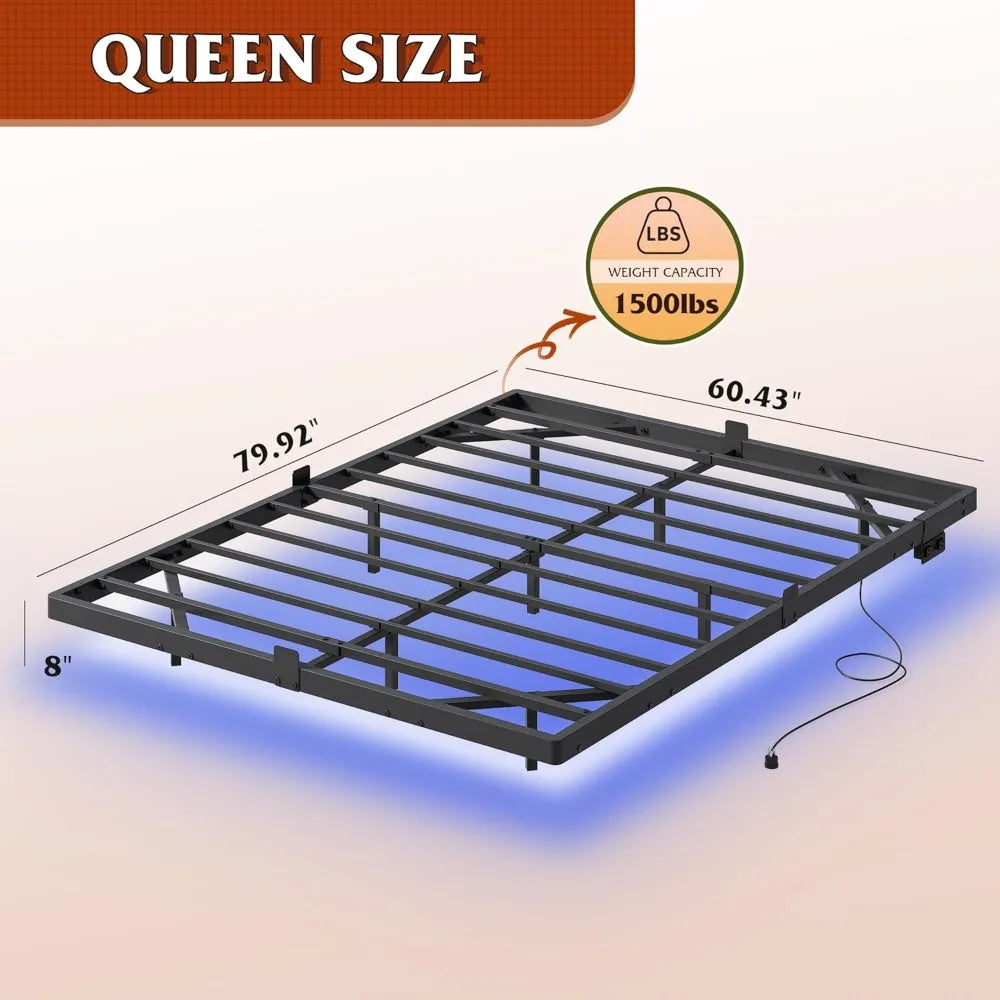 Queen Size LED Metal Bed Frame with Charging Station & Heavy-Duty Steel Slats