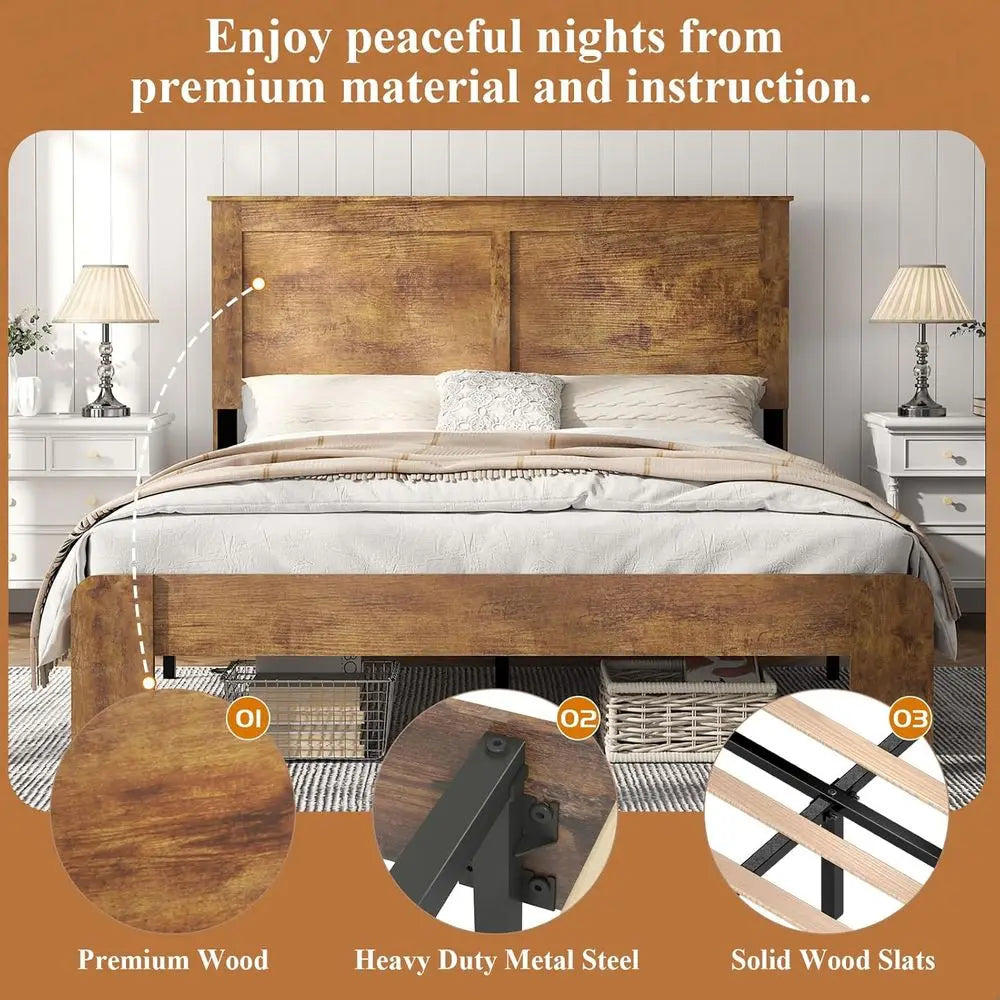 King Size Wooden Farmhouse Platform Bed Frame – Rustic Brown with Headboard