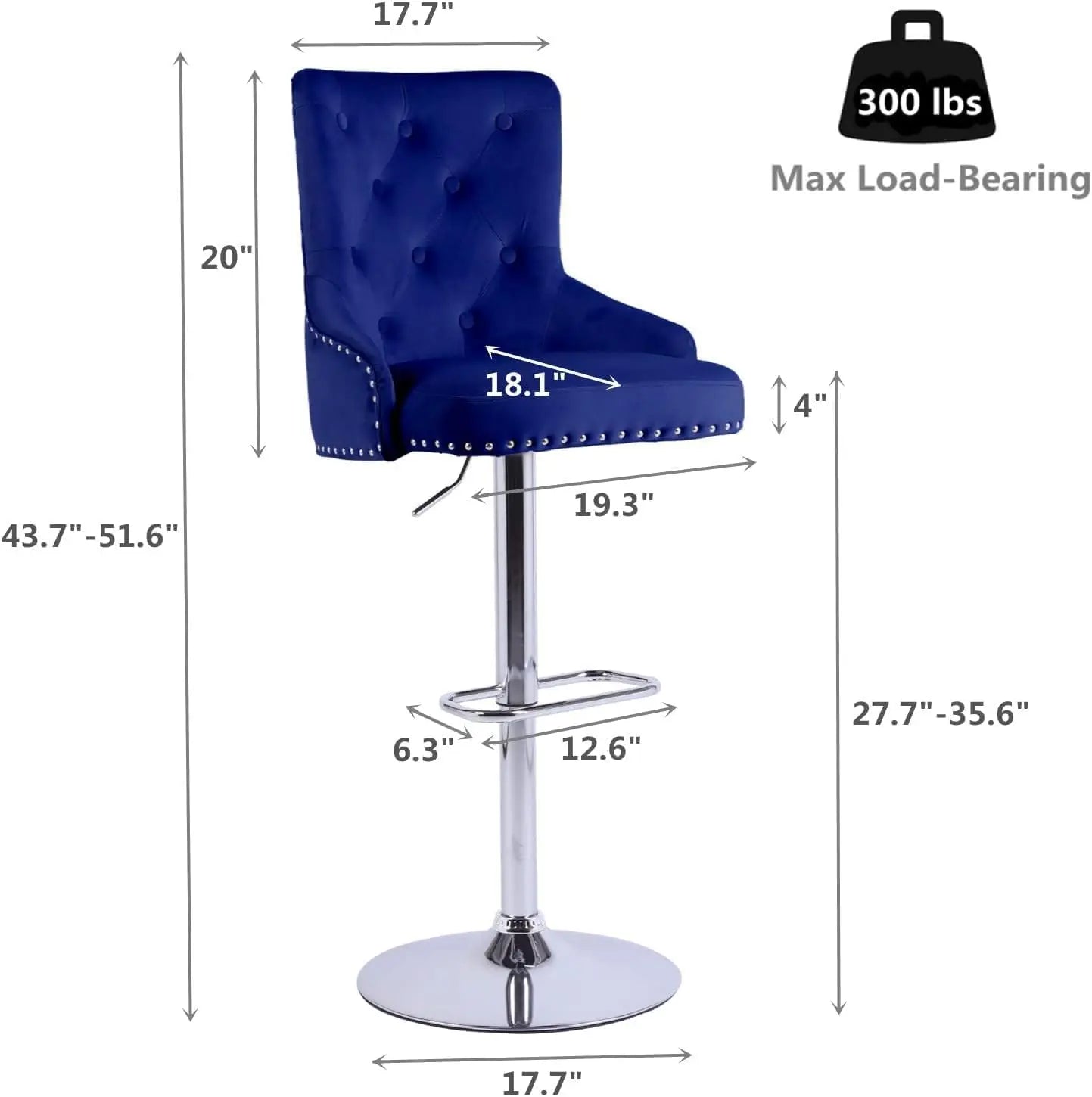 Modern Velvet Bar Stools with Back – Set of 2 Adjustable Swivel Counter Stools (Blue)